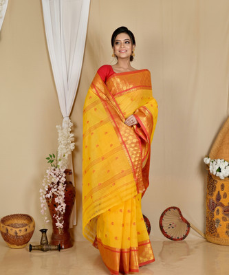 PuJoy Paisley, Embellished, Self Design, Woven Tant Pure Cotton Saree(Yellow)