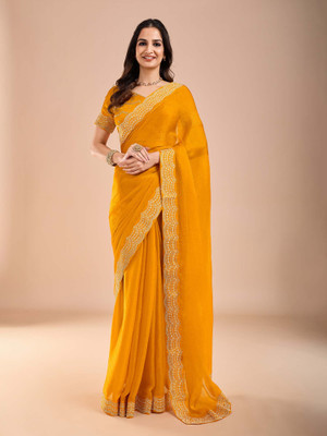 ANOUK Embellished Bollywood Tissue Saree(Yellow)