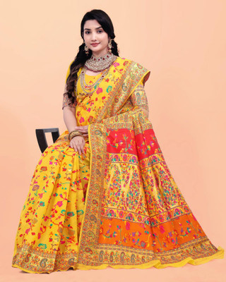 Wovenza Self Design, Woven Bollywood Cotton Blend, Semi-Pashmina Saree(Multicolor)