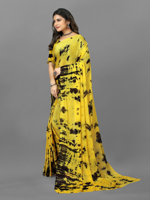 KV Fashion Hand Painted Bollywood Satin Saree(Yellow)