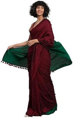 HouseOfCommon Solid/Plain Handloom Cotton Blend, Cotton Linen Saree(Maroon)