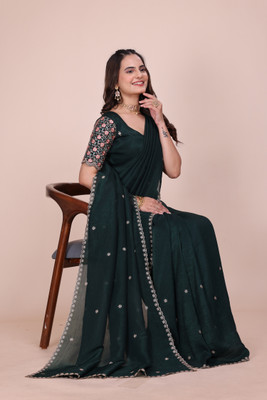 V AMAN FASHION Embroidered Bollywood Chiffon Saree(Dark Green)