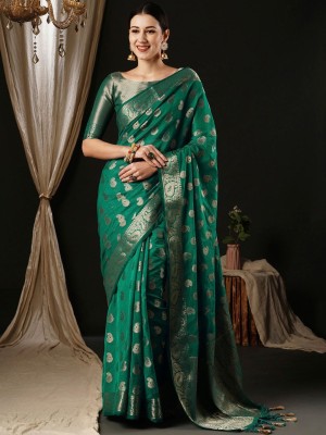 ANOUK Woven Kanjivaram Pure Cotton Saree(Green)