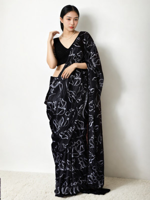 PANZORA Printed Bollywood Silk Blend Saree(Black)