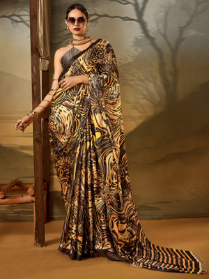 Sareemall Printed Hand Batik Crepe Saree(Beige)