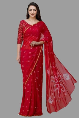 Swarne Printed Bandhani Chiffon Saree(Red)
