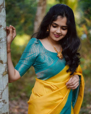 MAHADEV DESIGN Self Design Kanjivaram Pure Silk Saree(Yellow, Blue)