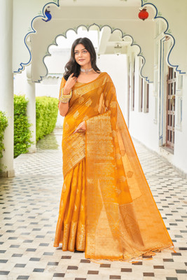 Moksha trends Solid/Plain Banarasi Silk Blend Saree(Yellow)