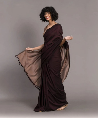 HIYAMI Solid/Plain Handloom Pure Cotton Saree(Brown)
