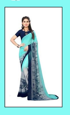 Kanooda Prints Printed Bollywood Georgette Saree(Light Blue)