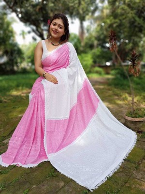 Shrutisareeghar Woven Lucknow Chikankari Pure Cotton Saree(Pink)