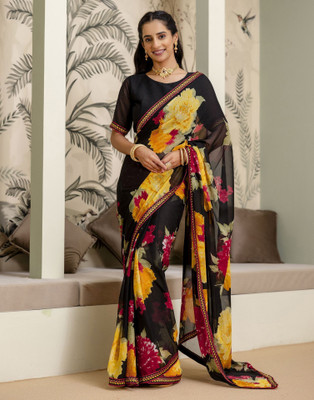 Samah Floral Print, Geometric Print, Embellished Daily Wear Georgette Saree(Black)