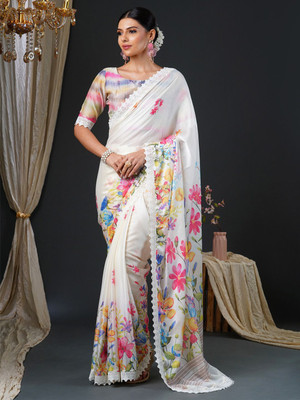 ANOUK Digital Print Bollywood Georgette Saree(White, Multicolor)