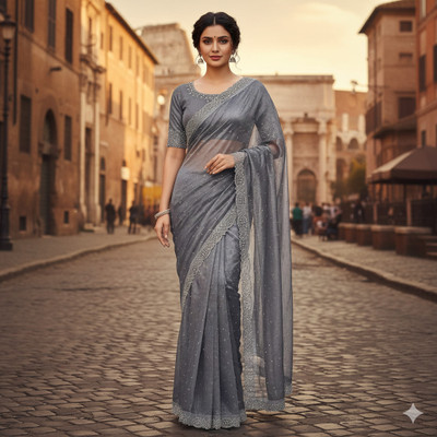 Sudev fashion Embellished Bollywood Net Saree(Grey)