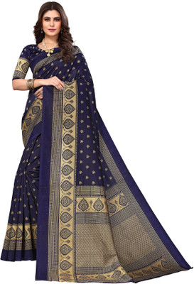 RENSILAFAB Printed Mysore Art Silk Saree(Dark Blue)