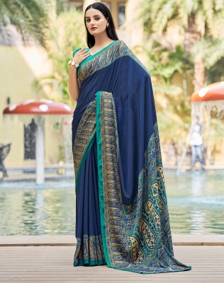 SIRIL Printed Mysore Crepe Saree(Dark Blue, Multicolor)