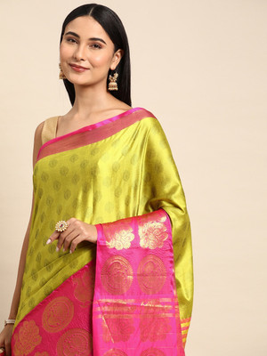 yourwish Woven, Checkered, Embellished, Self Design Banarasi Jacquard, Cotton Silk Saree(Light Green)
