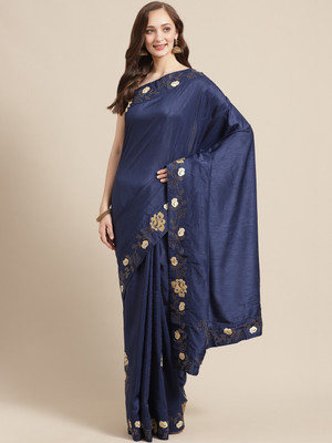 Saanjh Solid/Plain Saree with Attached Blouse Silk Blend Saree(Dark Blue)