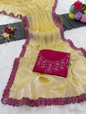 JENNYFEB Embellished Bollywood Jimmy choo Saree(Yellow)