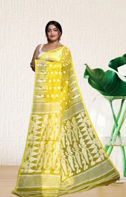 Happy Creation Printed Jamdani Handloom Cotton Blend Saree(Yellow)
