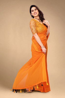 V AMAN FASHION Solid/Plain, Self Design Bollywood Georgette Saree(Mustard)