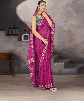 Samah Printed, Embroidered, Embellished Bollywood Georgette, Chiffon Saree(Pink)