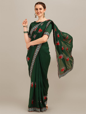 Divastri Embroidered, Self Design, Floral Print Bollywood Silk Blend Saree(Dark Green)