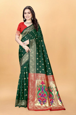 DHAYNAAND REEWA FASHION Woven Paithani Silk Blend Saree(Green)