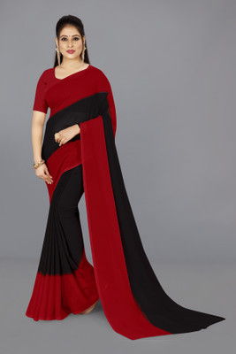 Anand Sarees Solid/Plain Daily Wear Georgette Saree(Red, Black)