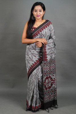 Rnn Saree Printed Sambalpuri Pure Cotton Saree(Grey)