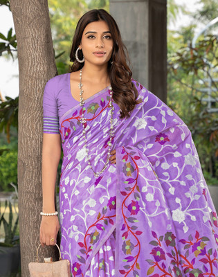 SIRIL Woven, Self Design, Embellished Handloom Cotton Blend Saree(Purple, White)