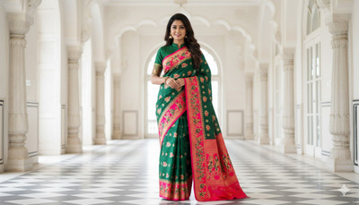 Byaara Woven, Floral Print Banarasi Jacquard Saree(Red)