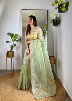 Tasrika Solid/Plain Bollywood Tissue Saree(Light Green)