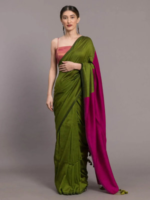 SLAGHA Solid/Plain, Self Design, Color Block Bollywood Handloom Cotton Blend Saree(Green, Pink)