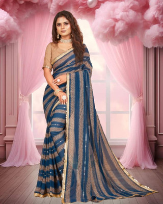 Jayu Striped Bollywood Georgette Saree(Blue, Beige)