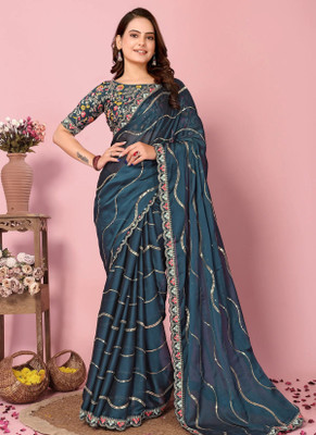 QUEDDY'S Embellished Saree with Attached Blouse Georgette Saree(Dark Green)