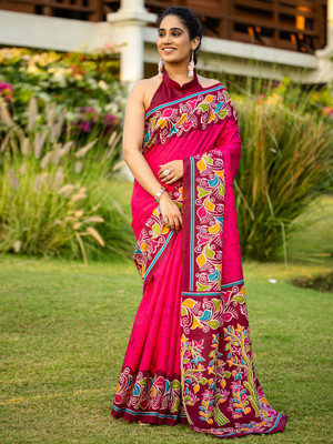 Divastri Printed Hand Batik Cotton Blend Saree(Pink)