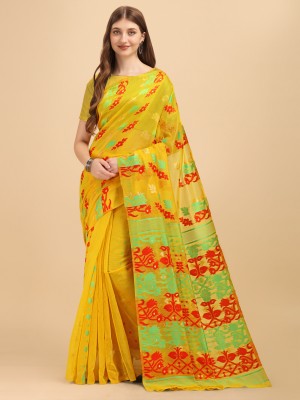 UNART CLOTHING Woven Jamdani Cotton Silk Saree(Yellow)