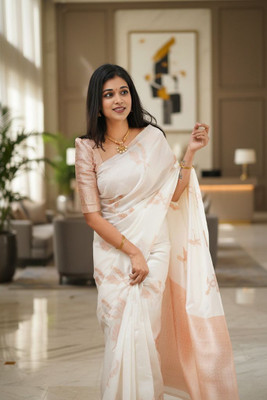 SuratSareeMall Woven Banarasi Jacquard Saree(White)