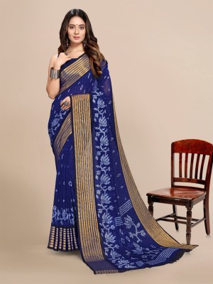 RekhaManiyar Floral Print Bollywood Chiffon Saree(Dark Blue)