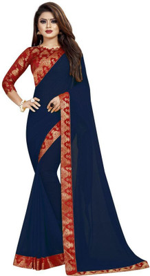 Queen worth Solid/Plain Bollywood Georgette Saree(Dark Blue)