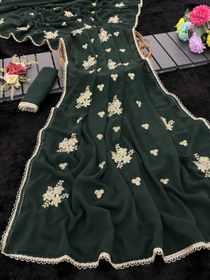 Adiyogi Enterprise Embroidered, Floral Print Bollywood Georgette Saree(Dark Green)