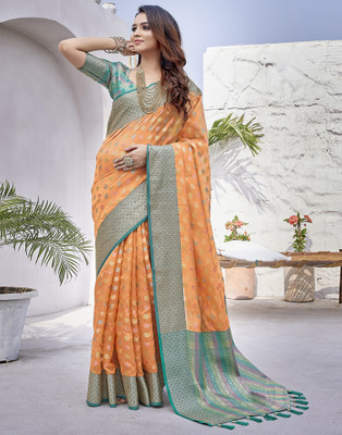 Samah Self Design Banarasi Organza Saree(Orange, Multicolor)