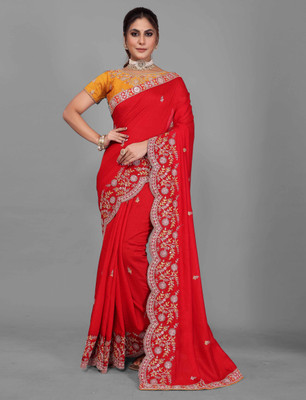 DRASHTI ART Embroidered Bollywood Silk Blend Saree(Red)
