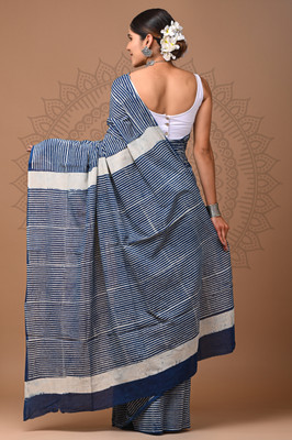 Taavi Blocked Printed Daily Wear Pure Cotton Saree(Blue)