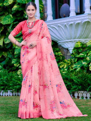 Anouk Rustic Digital Print Hand Batik Cotton Linen Saree(Pink)