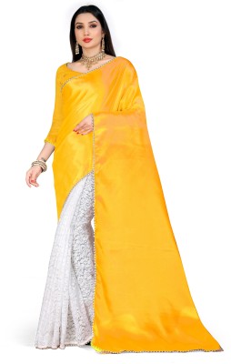 VANRAJ CREATION Solid/Plain, Embellished Bollywood Satin, Net Saree(Yellow)