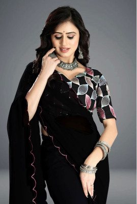 ZENFAB THREADS Embroidered Bollywood Georgette Saree(Black)