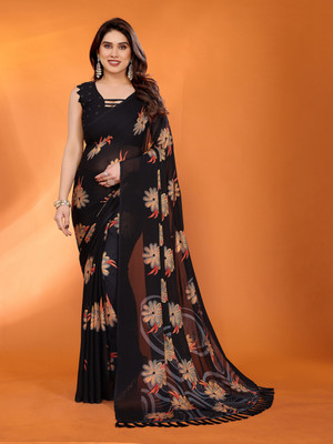 yourwish Floral Print Bollywood Georgette Saree(Black)