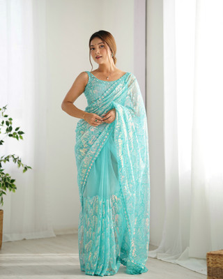 Tasrika Embroidered Bollywood Net Saree(Light Blue)